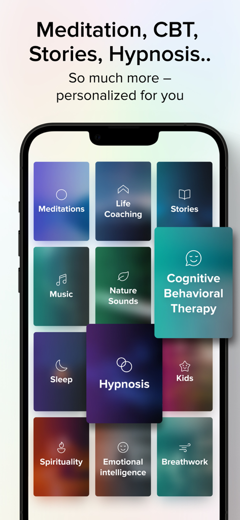 Aura app screen displaying a grid of personalized wellness categories including CBT and meditation