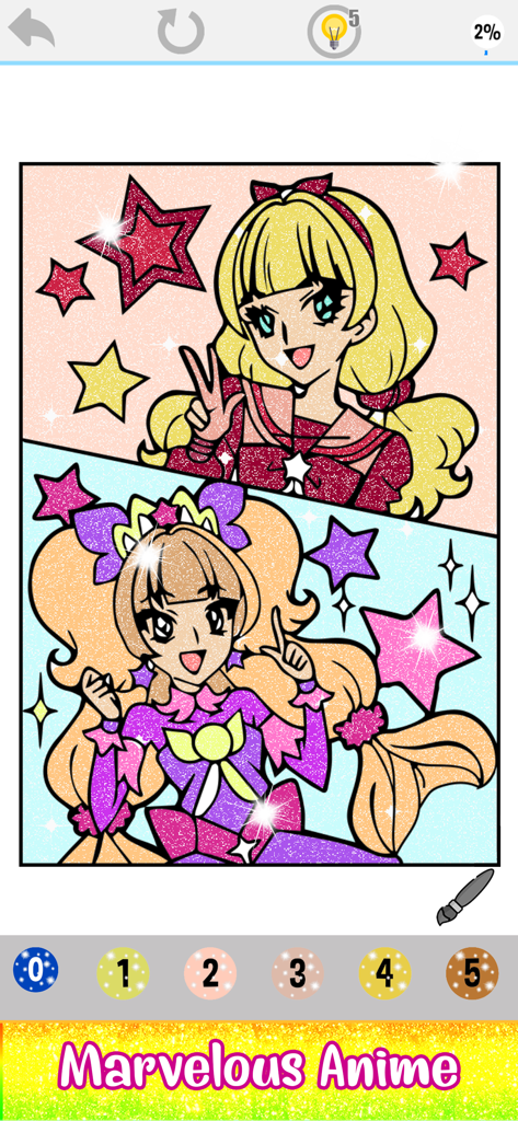 Una interfaz de aplicación de colorear por número que muestra una ilustración de una chica anime brillante con opciones de color numeradas.