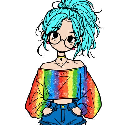 girl with a messy ponytail glasses a baggy crop top and jean shorts