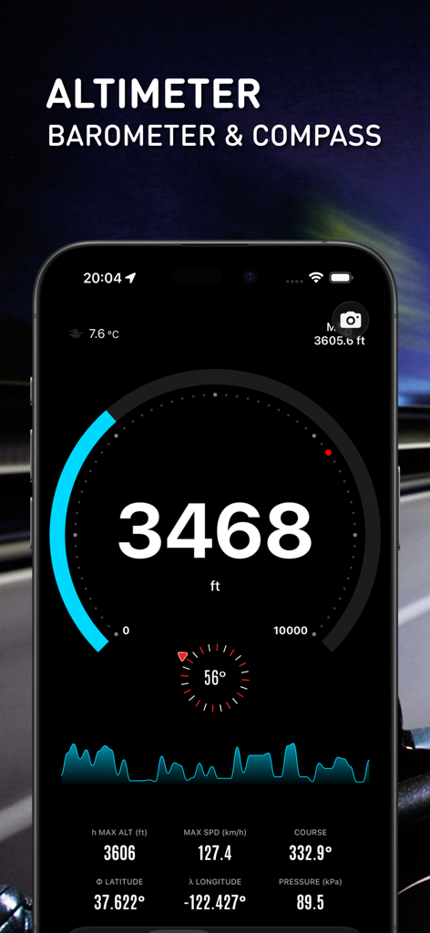 GPS Speedometer: HUD Odometer - GPS Speedometer app altimeter and compass interface showing altitude in feet and geographic coordinates