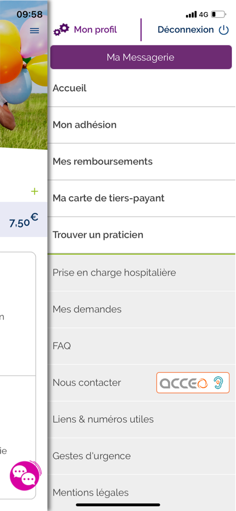 Santé WTW - Menu de navigation latéral de l'application mobile Santé WTW présentant les options de gestion de l'assurance santé en français.