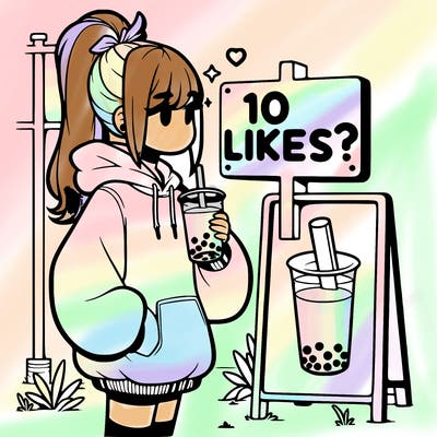 girl with oversized hoodie drinking boba and she has a high ponytail with a sign that says 10likes?