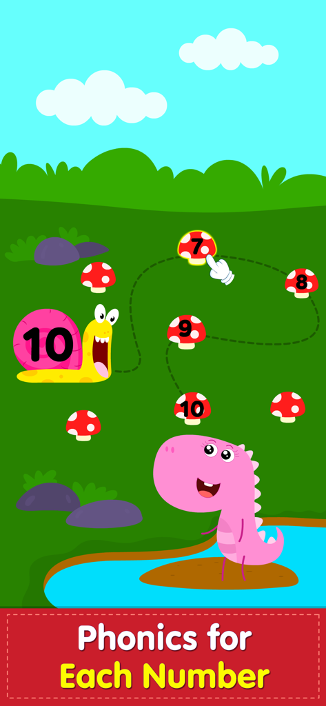 123 Number Math Games for Kids - Un dinosaurio y un caracol de dibujos animados en un juego de contar y fonética para niños