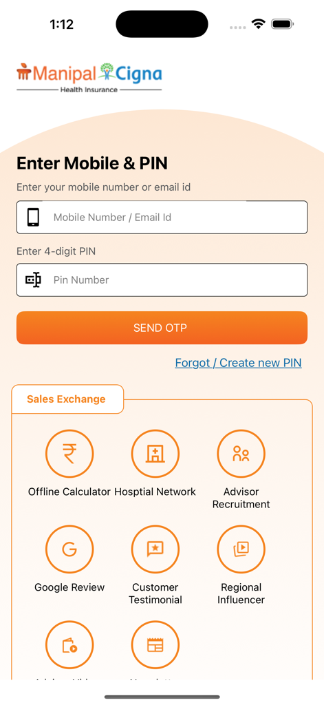 GoHealth Next - Pantalla de inicio de sesión de la aplicación GoHealth Next con iconos de intercambio de ventas como calculadora sin conexión y red de hospitales