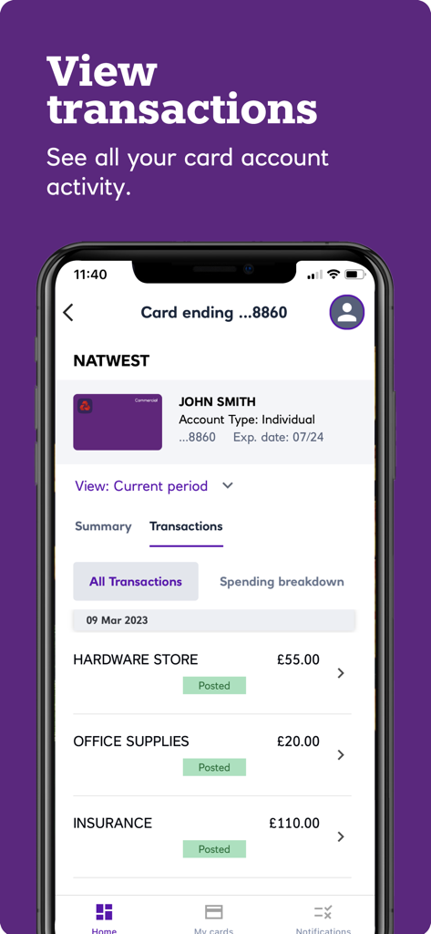 NatWest ClearSpend app interface displaying commercial card transaction history