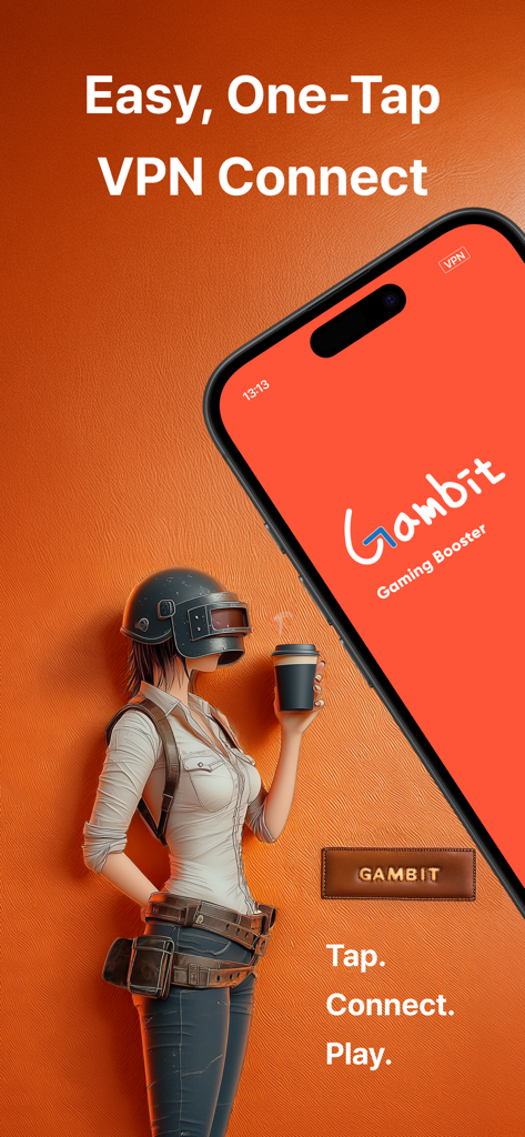 Gambit Gaming VPN one tap connect screen featuring a mobile gaming character