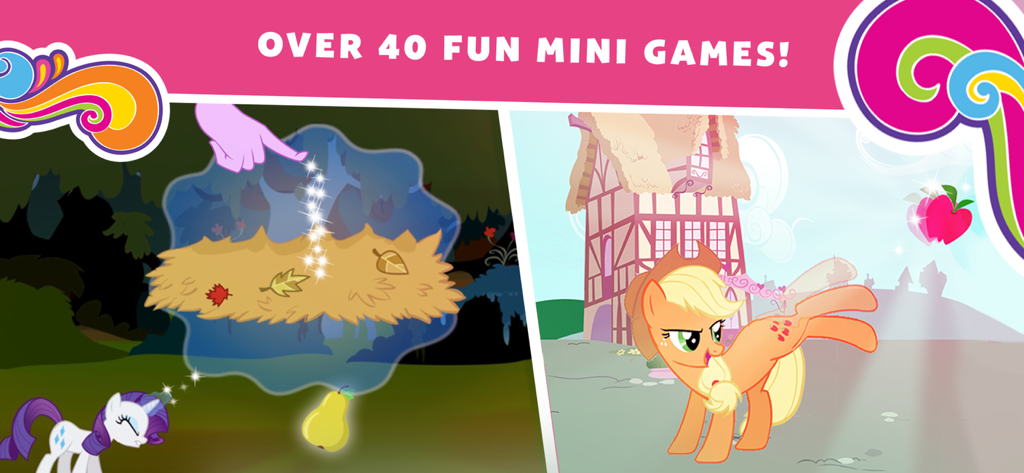 My Little Pony: Harmony Quest - Capturas de tela da jogabilidade de My Little Pony Harmony Quest mostrando as personagens Rarity e Applejack jogando minijogos.
