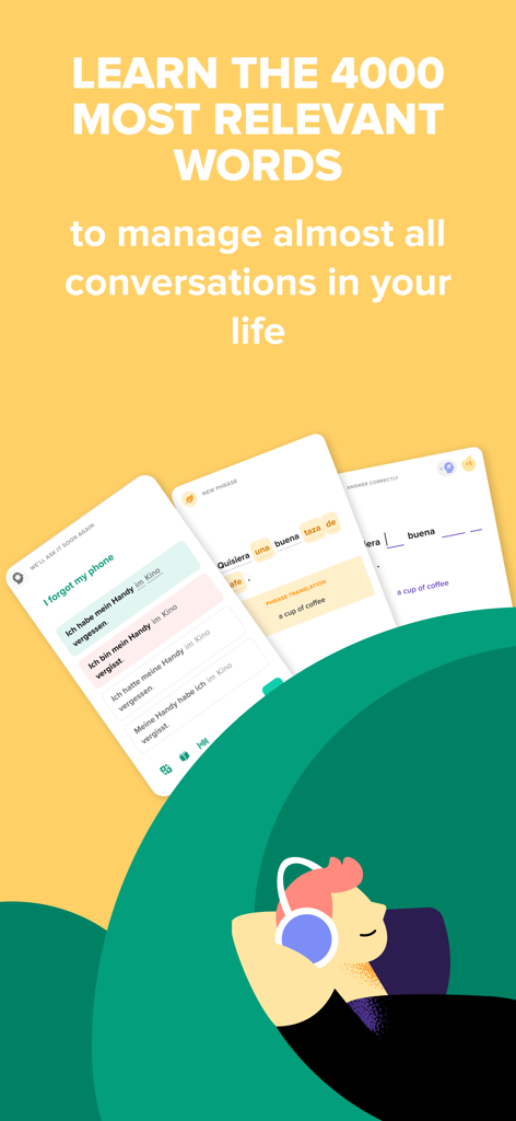 Speakly app promoting learning the 4000 most relevant words with language exercise screenshots