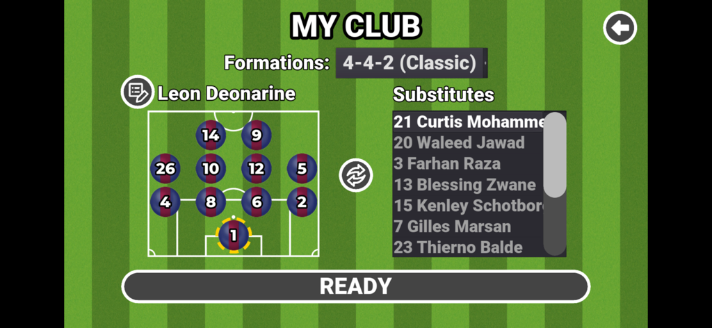 Marble Soccer - Marble Soccer game screen showing team formation and player substitutes