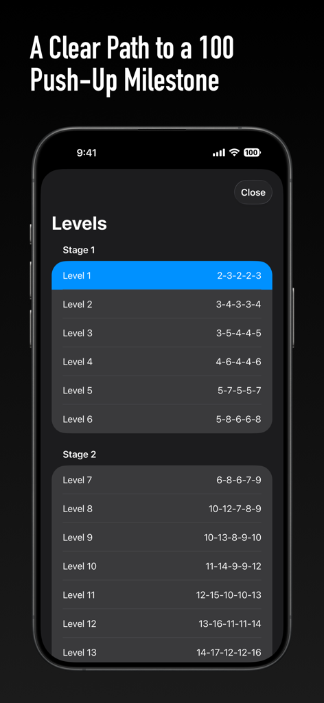 Pushup Tracker: Club Pushanova - 모바일 앱 인터페이스가 100개 푸쉬업 마일스톤 달성을 위한 다양한 훈련 단계와 레벨을 보여줍니다.