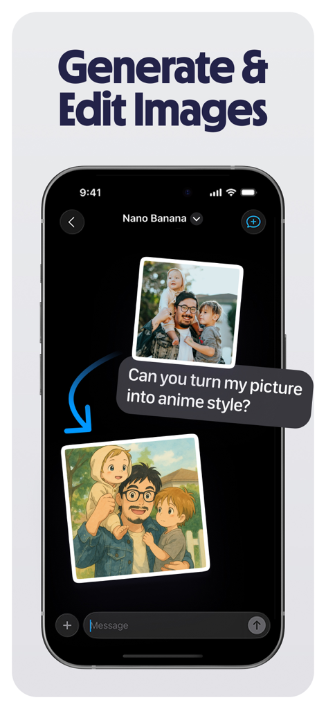 Fello AI: Chat Bot Assistant - Fello AI app interface showing a photo being converted into an anime style illustration