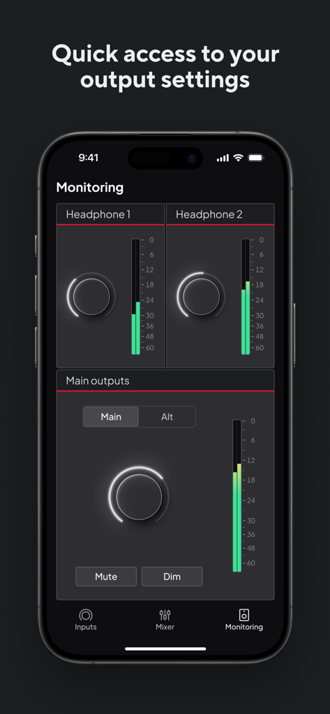 Focusrite Control 2 - Focusrite Control 2 app interface showing remote monitoring controls for headphone and main outputs.
