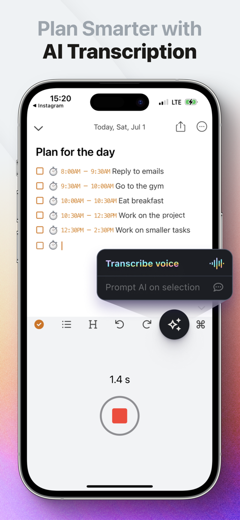 Interface do aplicativo NotePlan mostrando o recurso de transcrição de voz com IA para planejamento diário e gerenciamento de tarefas no iPhone
