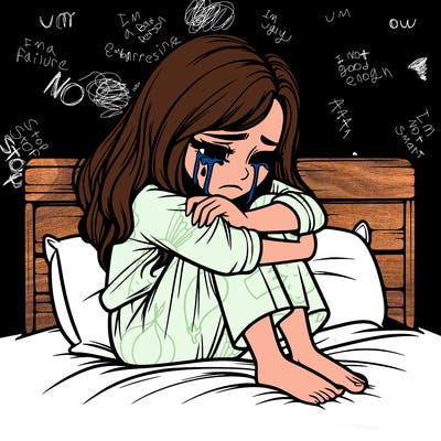 realistic girl crying on her bed over a break up