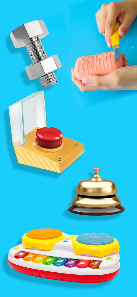 Manos cortando jabón con un cuchillo y varios objetos satisfactorios como una campana y un botón