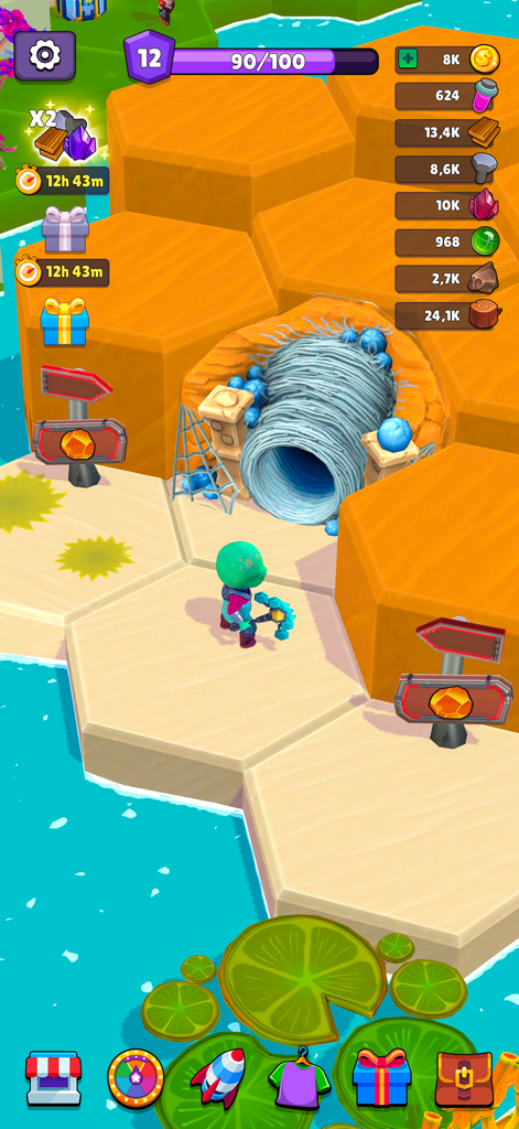 A character explores a vibrant alien planet with hexagonal terrain and a mysterious cave in Space Bound.