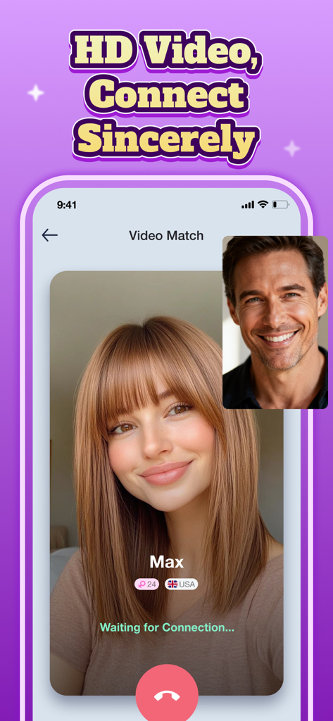 Interfaz de coincidencia de video de la app Sona mostrando una videollamada de alta calidad entre dos usuarios