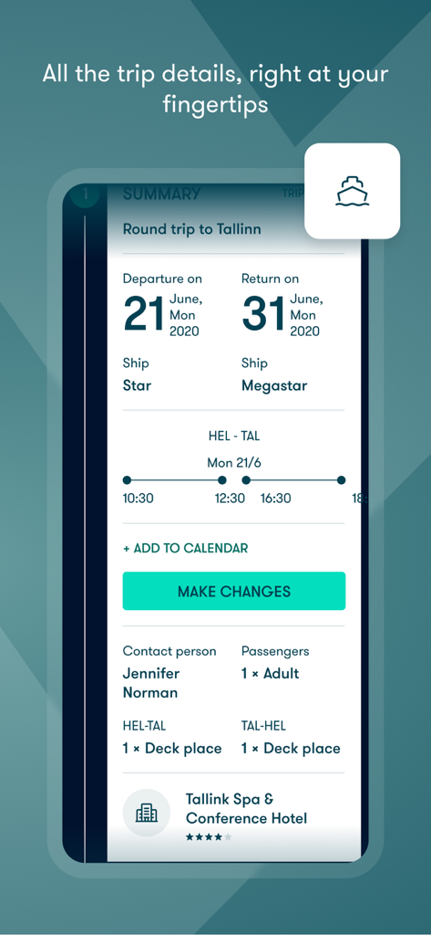 A mobile app interface displaying a detailed trip summary for a ferry journey from Helsinki to Tallinn including itinerary and booking information