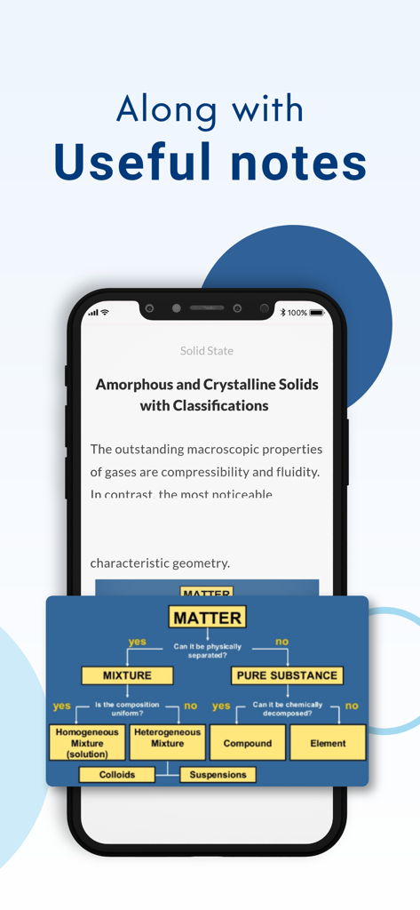 A smartphone screen displaying science notes and a matter classification flowchart on the EduRev educational app