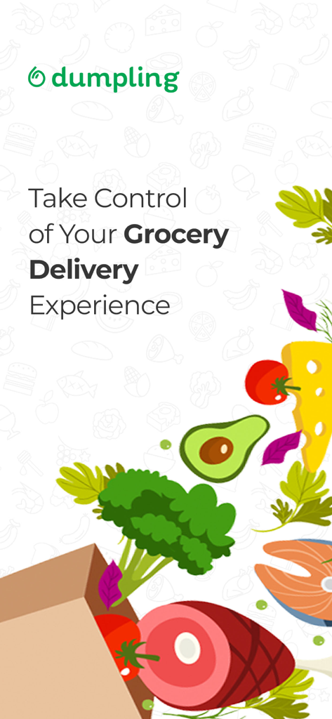 Dumpling Grocery - Dumpling Grocery app welcome screen with fresh food illustrations and delivery slogan