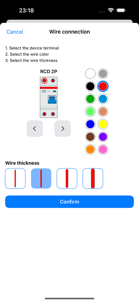 Electrical Panel Designer - Wire connection interface in the Electrical Panel Designer app showing options to select color and thickness for an RCD 2P device