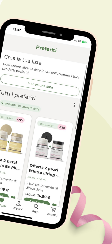 Sección de favoritos de la app Bottega Verde mostrando lista de deseos de productos y ofertas especiales.