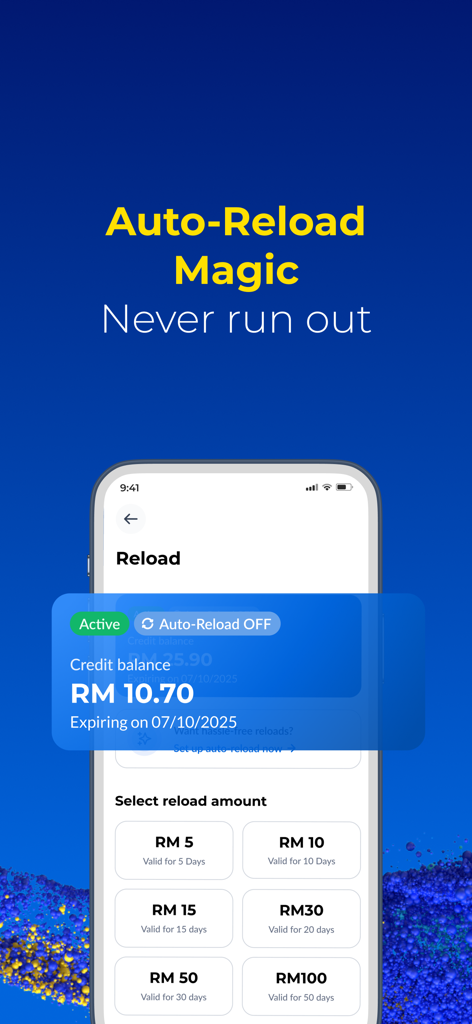 CelcomDigi app interface showing prepaid reload options and an auto-reload feature for managing mobile credit
