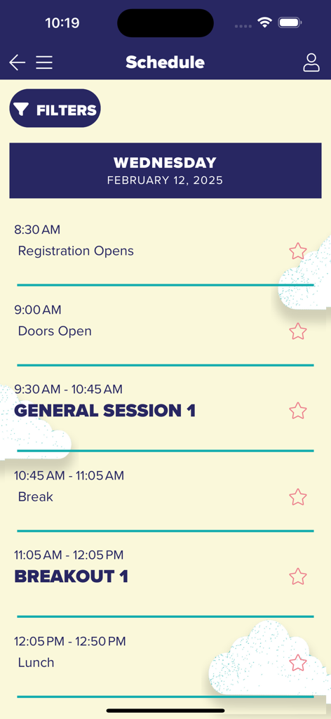 Christ Fellowship Conference - A mobile app screen displaying a conference schedule with sessions and times for Wednesday February 12 2025