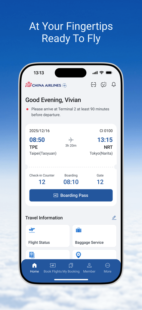 China Airlines App - China Airlines app interface displaying flight details for a trip from Taipei to Tokyo including boarding pass and flight status options