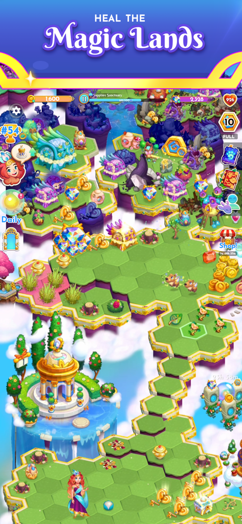 Midas Merge: Relaxing Games - Top down view of a colorful hexagonal puzzle grid in the Midas Merge game featuring magical items and creatures