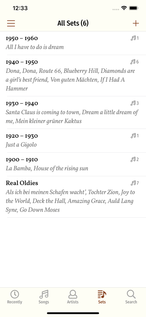 Song Book Pro - Interface of the Song Book Pro app showing a list of organized song sets by decades and genre.