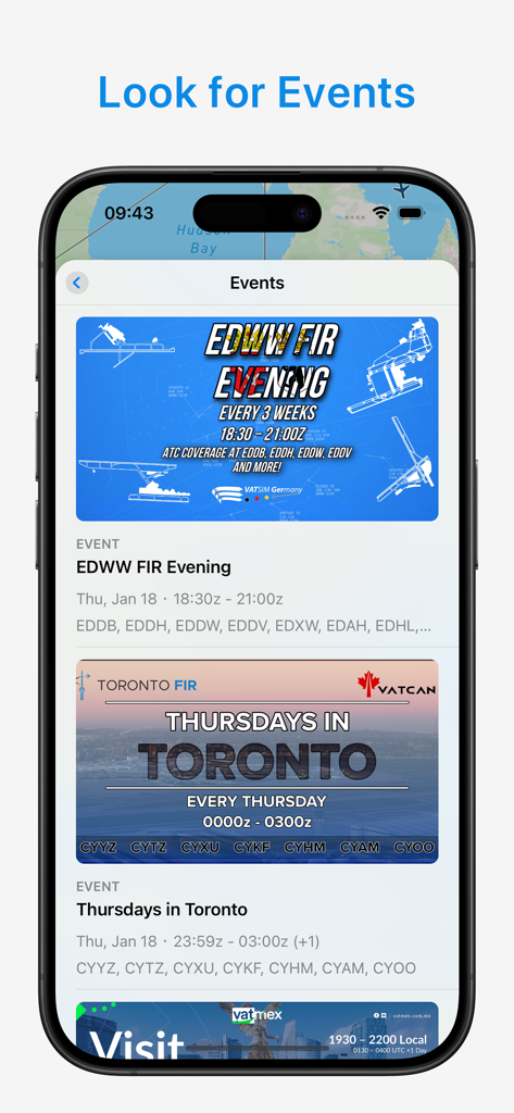 Screenshot of the VatScope app events screen showing flight simulation community events for VATSIM including EDWW FIR Evening and Thursdays in Toronto.