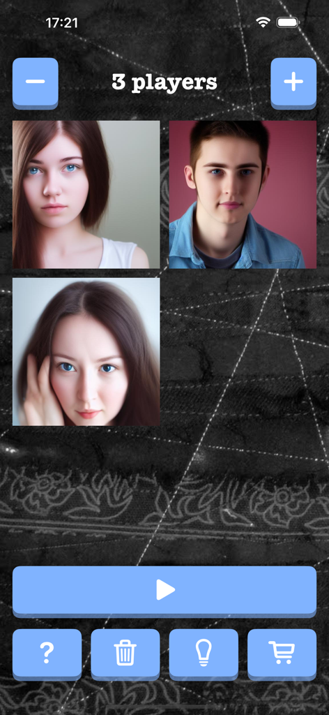 プレイヤー選択画面。3人のプレイヤーのプロフィール写真、ナビゲーションボタン、再生アイコンがテクスチャのある暗い背景に表示されている。