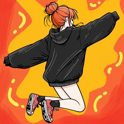 realistic girl jumping with a bun and oversized sweatshirt