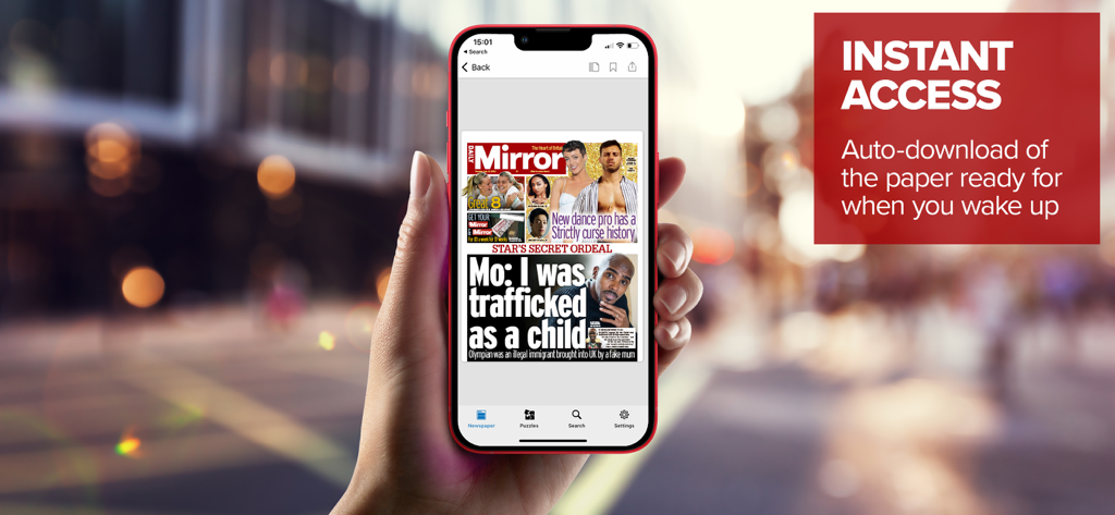 Aplicación del periódico Daily Mirror en un smartphone mostrando una edición digital