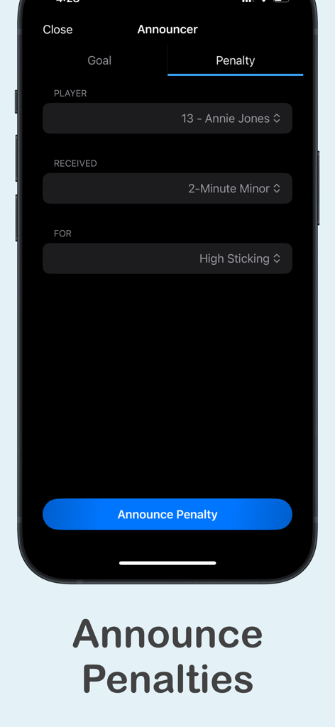 MyHockeyAnnouncer - Live - Interface of the MyHockeyAnnouncer app for announcing hockey penalties during a live game