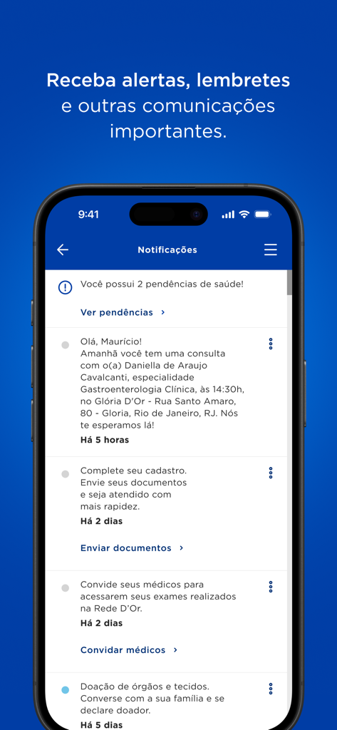 Pantalla móvil de la app Rede Dor que muestra notificaciones de salud y recordatorios de citas en portugués.