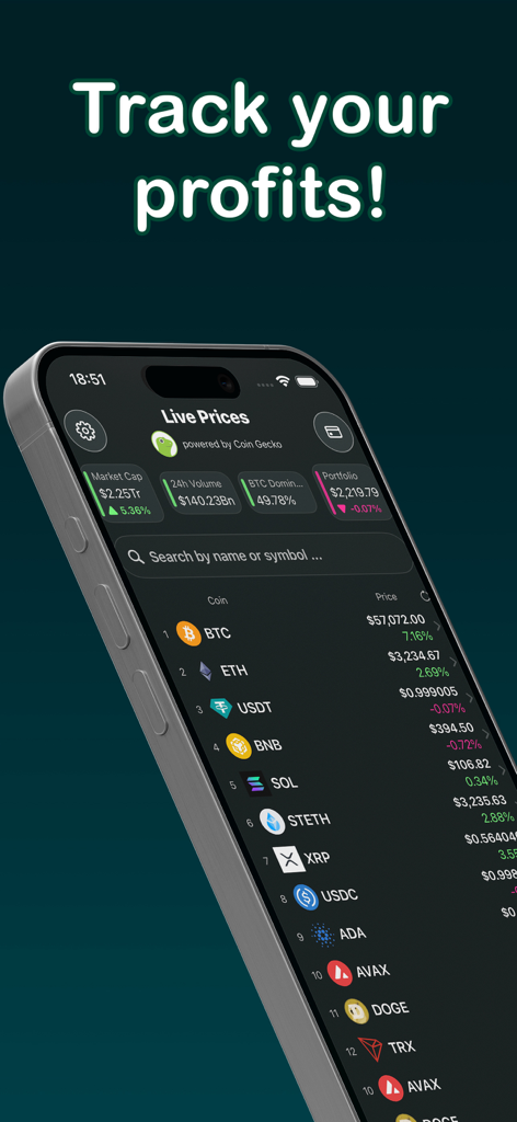 Coin Geek - Data by CoinGecko - A smartphone displaying the Coin Geek app interface with live cryptocurrency prices and market data statistics