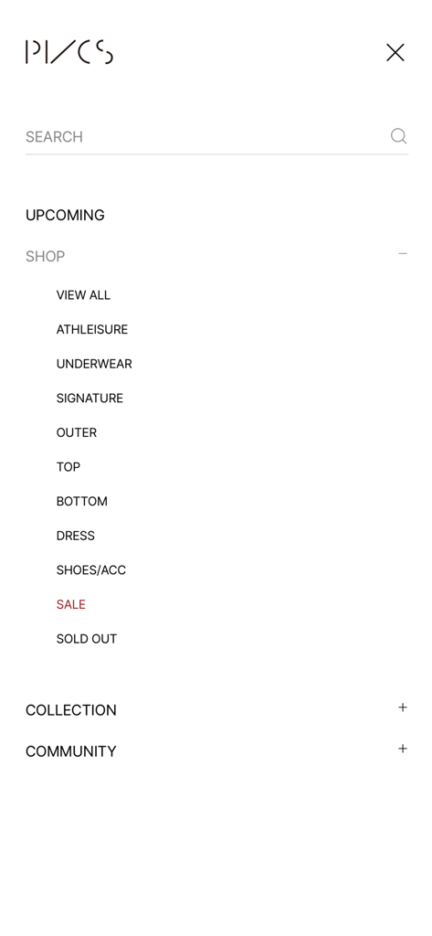 Navigation menu for the PVCS fashion shopping app showing clothing categories.