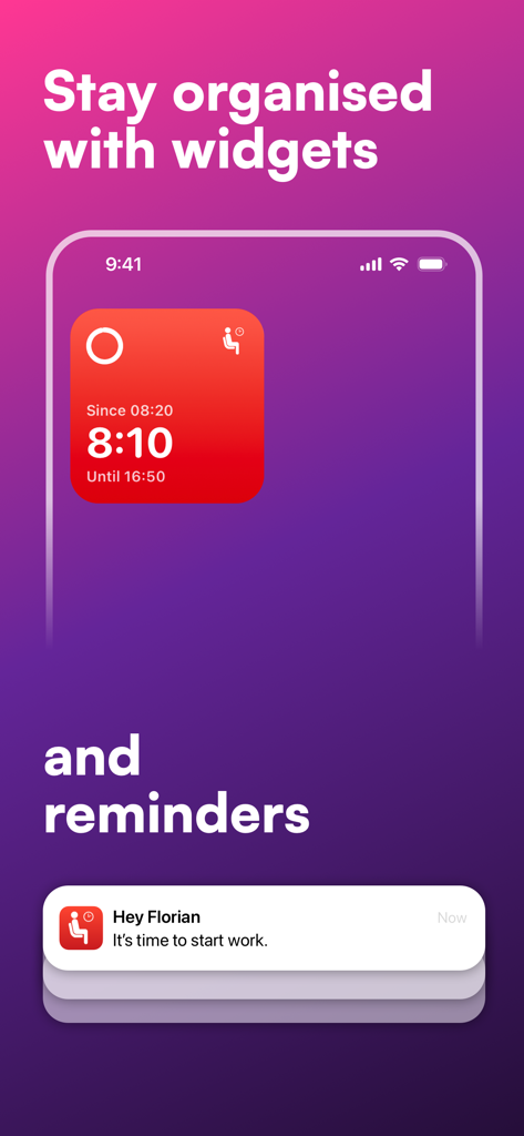 WorkTimes App-Oberfläche mit Home-Screen-Widgets und Erinnerungen an Arbeitsschichten
