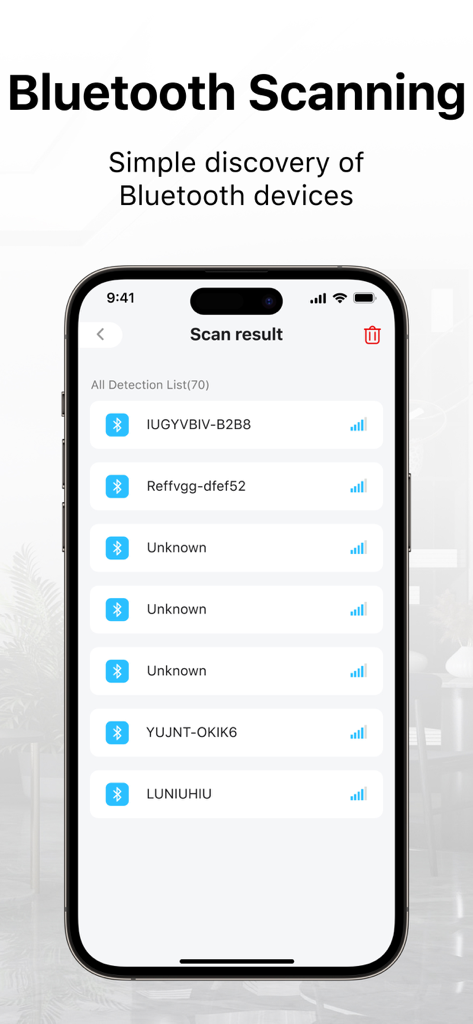 Security Camera App - CamScan - Screenshot of CamScan app showing a list of detected Bluetooth devices with signal strength indicators