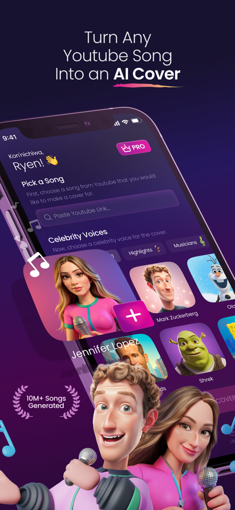 Interface of the Coverly app showing how to turn YouTube songs into AI covers using celebrity voice models.