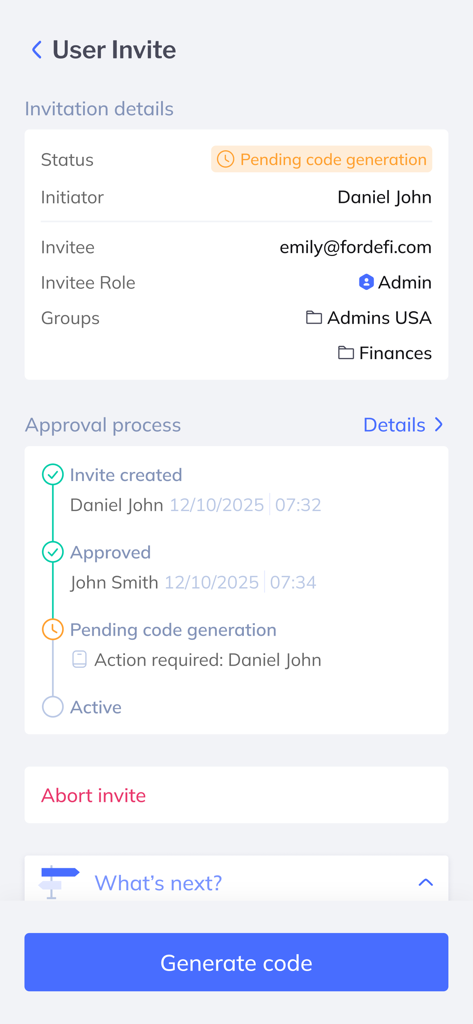 Fordefi app interface showing the user invitation and multi-step approval process