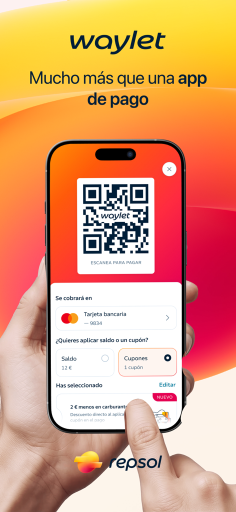 Tela do smartphone exibindo o código QR do aplicativo Waylet para pagamentos móveis e recompensas em postos Repsol