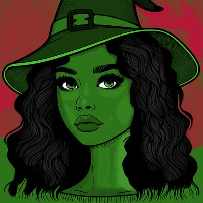 realistic girl with wavy hair a witch hat and a nose and lips and eyes