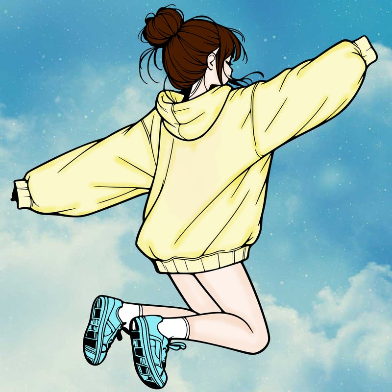 realistic girl jumping with a bun and oversized sweatshirt