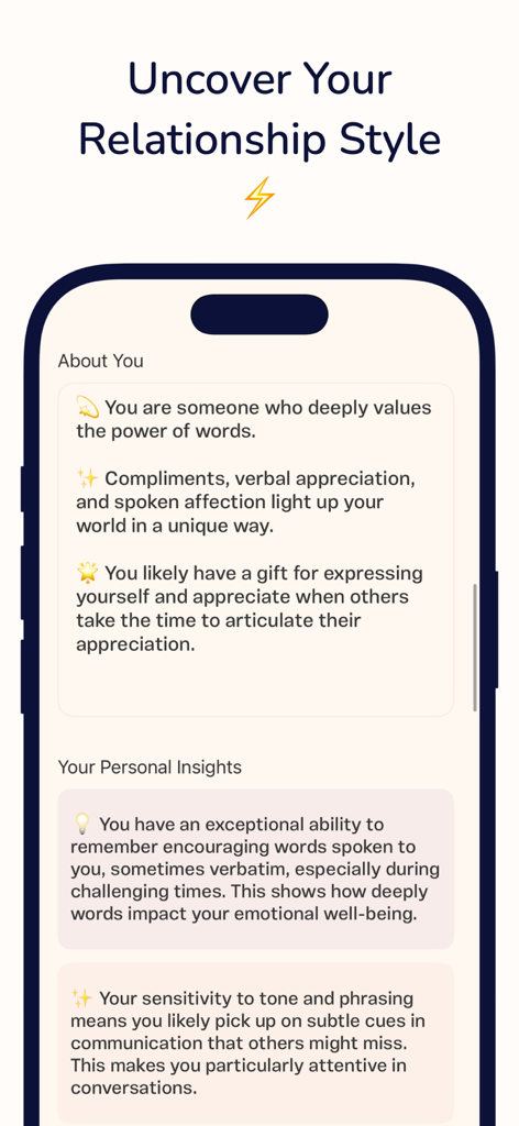 Información personalizada sobre el estilo de relación que muestra análisis de inteligencia emocional en la App de Prueba de Lenguajes del Amor