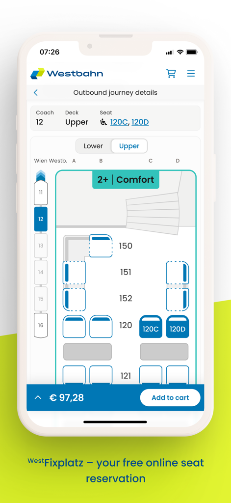 Westbahn - Interfaccia mobile dell'app Westbahn che mostra la prenotazione del posto in treno e la disposizione della carrozza