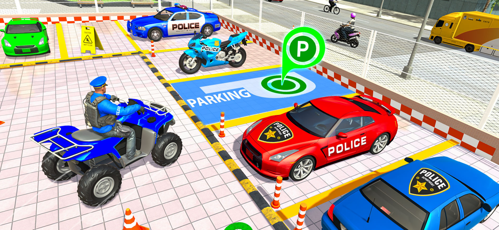 Un oficial de policía en un quad azul en un estacionamiento con coches y motocicletas de policía