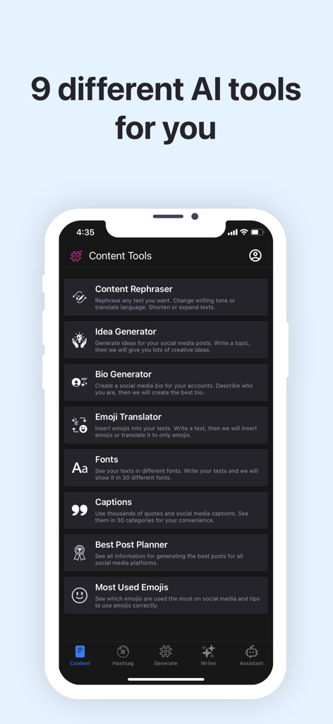 Hashtag Smart: AI Like Booster - Pantalla de la app Hashtag Smart mostrando nueve herramientas de IA para marketing en redes sociales